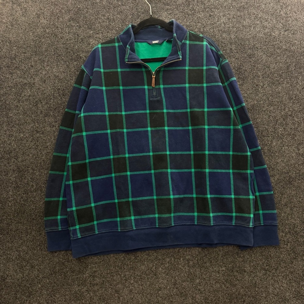 Lands End Mens XL Plaid Quarter Zip Sweatshirt Navy Green Black Pullover